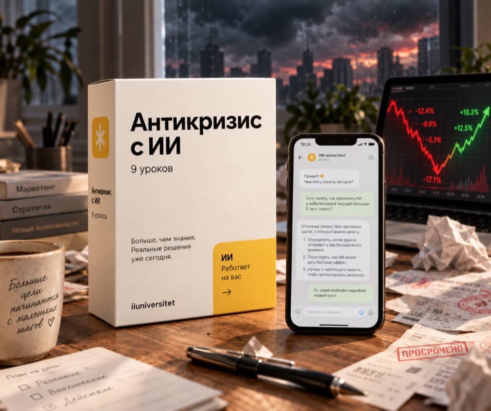 Курс «Антикризис с ИИ» — коробка курса и телефон с примером диалога